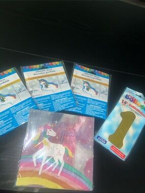 Unicorn Rainbow Party Napkins & Unicorn Inflatable Decor + Gold '1' Balloon